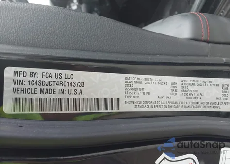 2024 Dodge Durango R/T Plus Awd из США, поврежденный, VIN 1C4SDJCT4RC143733